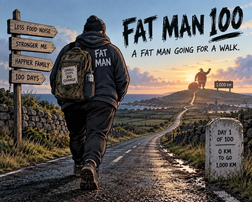 Illustration of Brian walking down a long Irish coastal road, signposts reading Less Food Noise, Stronger Me, Happier Family and 100 Days, with Santa waving from a distant hill marked 1,000 km